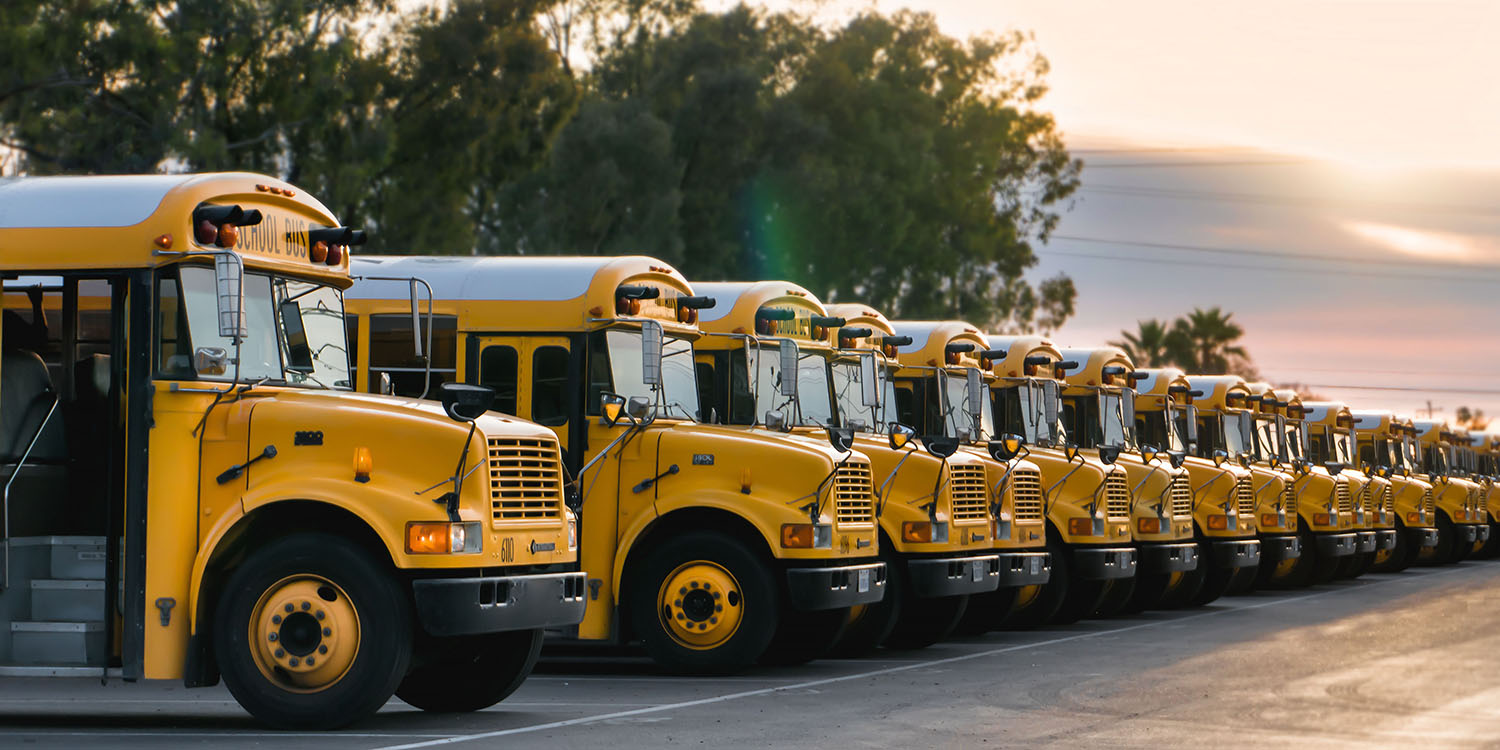Row,Of,School,Buses,In,Parking,Lot