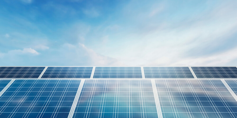 Panoramic, ,Solar,Panel,In,Beautiful,Blue,Sky