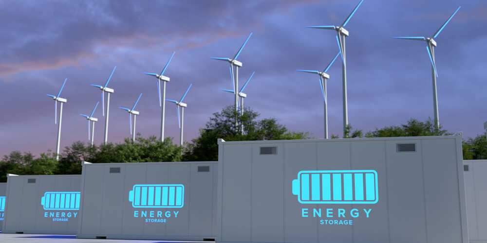 Energy,Storage,Systems,With,Wind,Turbines,,Net,Zero,Emissions,Concept.